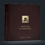 Estate Planning Portfolio Leather Gold 3 Ring Binder<br><div class="desc">Keep your estate planning documents organized and secure with this elegant portfolio binder. The design features two overlapping monogram or logo initials in classic block typography on a brushed metallic gold emblem. "Estate Planning" is displayed below in classic typography with your company name in the lower third in a modern...</div>