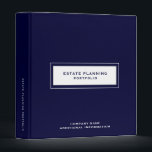 Estate Planning Portfolio Navy Blue 3 Ring Binder<br><div class="desc">Keep your important estate planning documents organized with this navy blue 3-ring binder featuring a customizable white window with estate planning portfolio in classic typography. The front and back also have space for your company name and additional information. Customize the spine with your own text.</div>