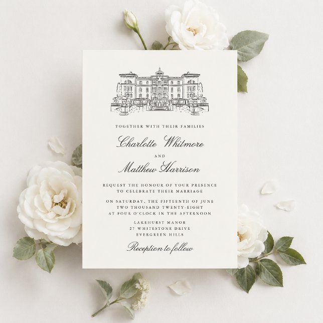 Estate Venue Sketch Classic Wedding Invitation (Creator Uploaded)