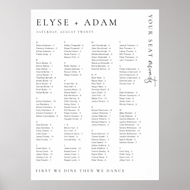 Estelle Modern Minimal Alphabetical Seating Poster (Front)