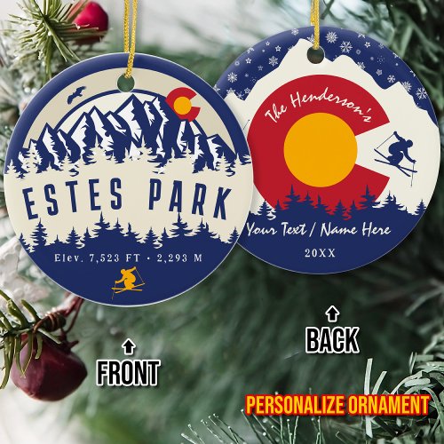 Estes Park Colorado Flag Mountain Skiing Souvenir Ceramic Ornament