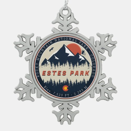 Estes Park Colorado Mountain Ski Vintage Snowflake Pewter Christmas Ornament