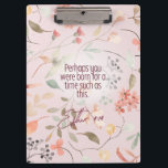 Esther 4:14 Christian Bible Verse Art Clipboard<br><div class="desc">This design features a cascade of watercolor flowers, elegantly arranged in soothing pastel colors against a serene light pink background. At the heart of the image, the powerful Bible verse from Esther 4:14 takes center stage, beautifully scripted to inspire and evoke reflection. The delicate floral motifs flow gracefully around the...</div>
