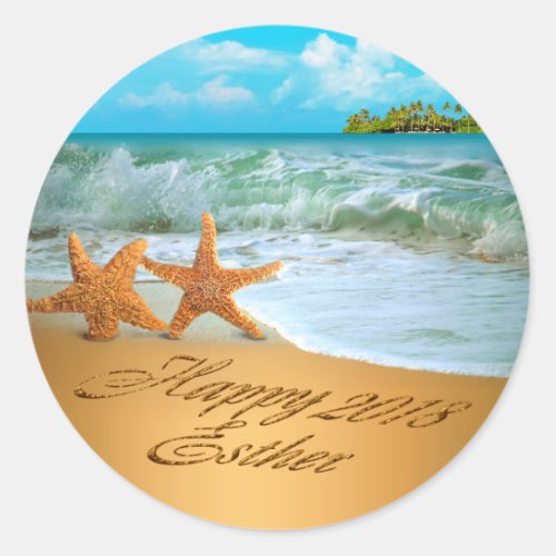 Esther Starfish Couple ASK 4 NAMES PUT IN SAND Classic Round Sticker