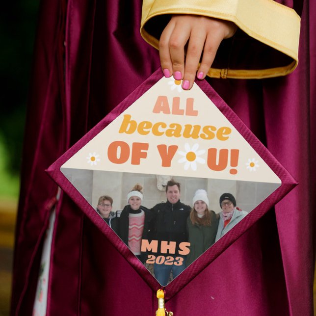 Esthetic Boho All Because of You Autograph Photo Graduation Cap Topper (Creator Uploaded)