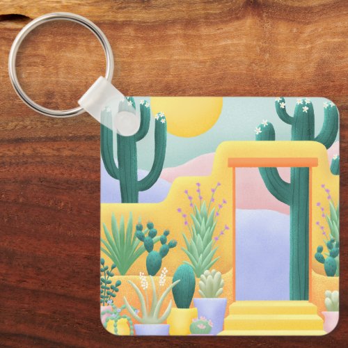 Esthetic Cactus Garden Colorful Botanical Desert Keychain