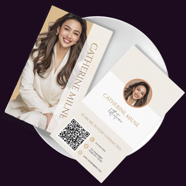Esthetician Beautician Beige QR Code & Photo Business Card (Creator Uploaded)