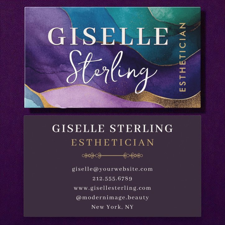 Esthetician Beauty Purple Gold Wavy Watercolor Business Card
