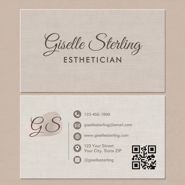 Esthetician Beige Linen Modern Elegant QR Code Business Card (Creator Uploaded)