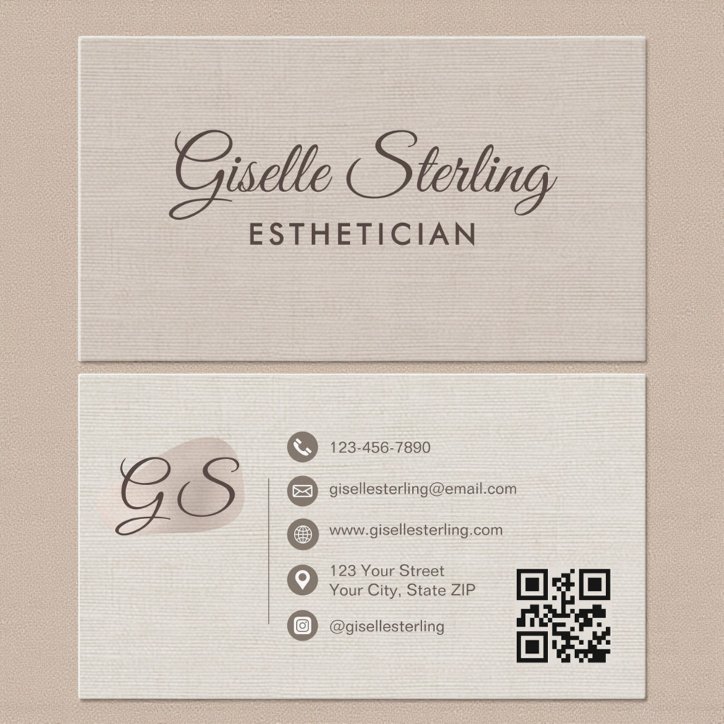 Esthetician Beige Linen Modern Elegant QR Code Business Card