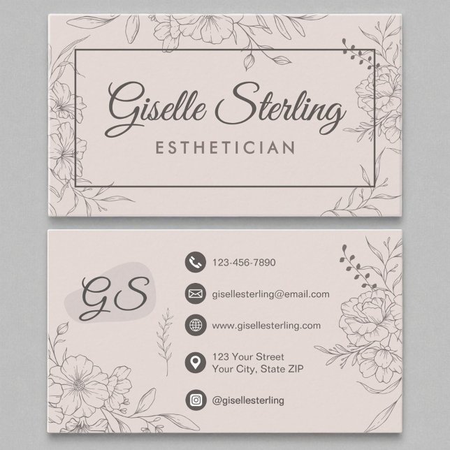 Esthetician Blush Pink Floral Line Art Script Business Card (Creator Uploaded)