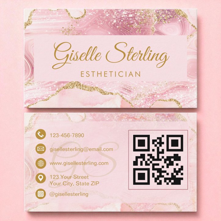Esthetician Blush Pink Gold Agate QR Code Business Card