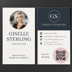 Esthetician Blush Pink & Navy Blue Photo QR Code Business Card