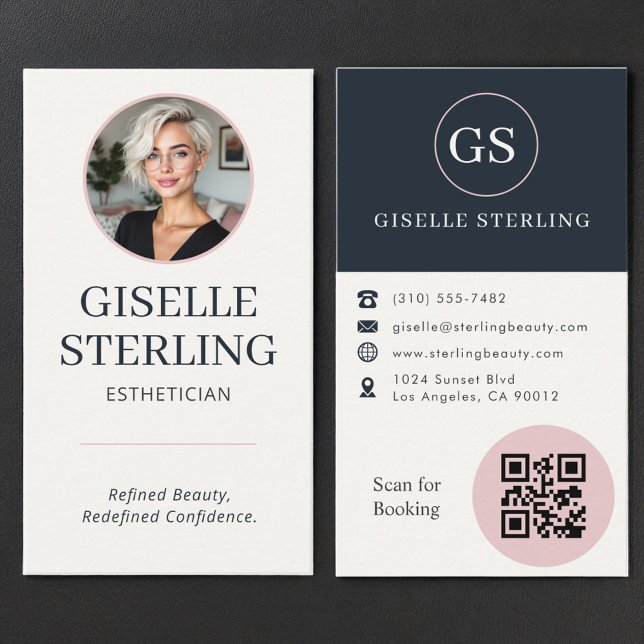 Esthetician Blush Pink & Navy Blue Photo QR Code  Business Card (Creator Uploaded)