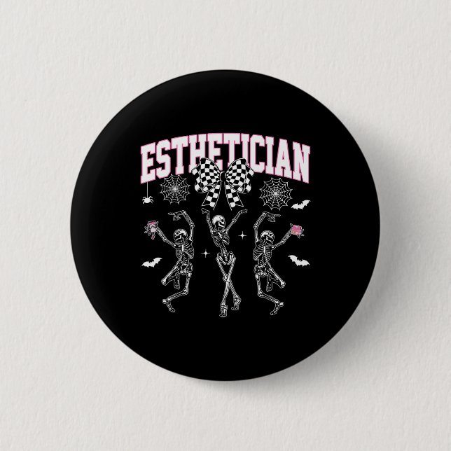 Esthetician Dancing Skeleton Halloween Bow Skin Th Button (Front)