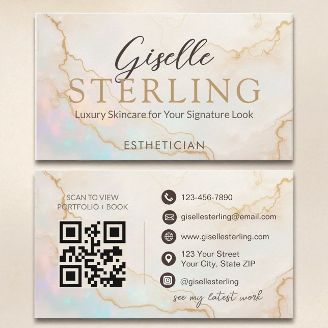 Esthetician Elegant Pearl Opal Gold Script Business Card (Creator Uploaded)
