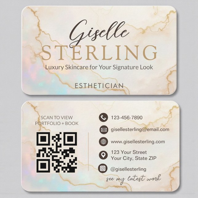 Esthetician Elegant Pearl Opal Gold Script Business Card (Creator Uploaded)