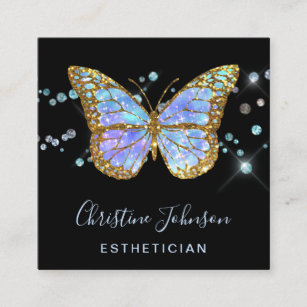 esthetician faux glitter blue butterfly design square business card