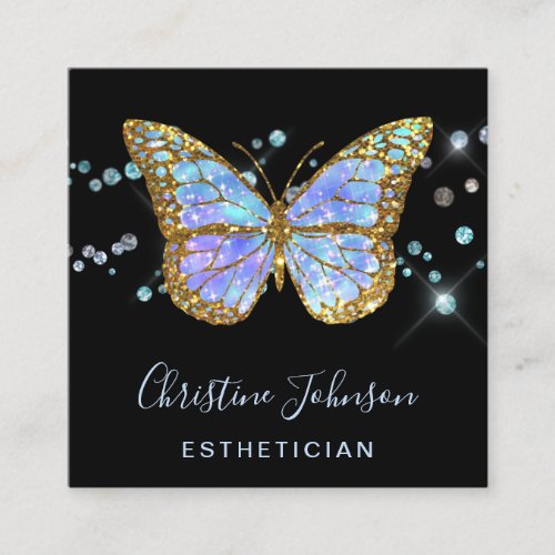 esthetician faux glitter blue butterfly design square business card