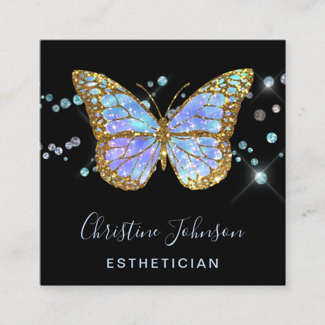 esthetician faux glitter blue butterfly design square business card (Front)