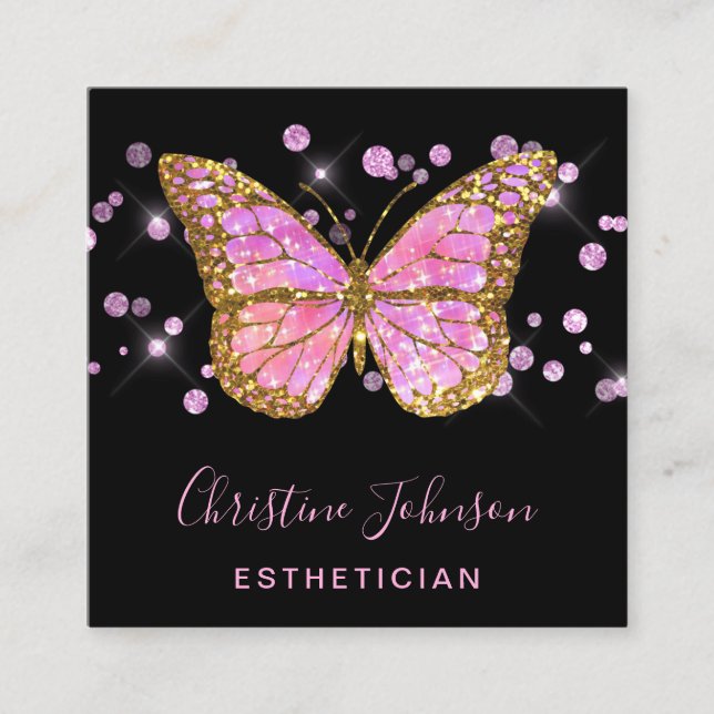 esthetician faux glitter butterfly design square business card (Front)