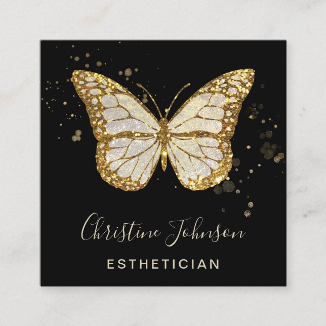 esthetician faux glitter butterfly square business card (Front)