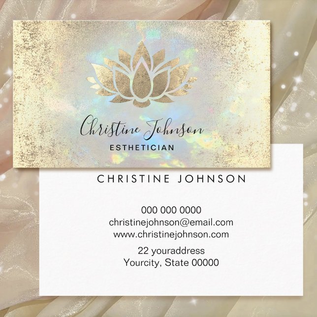 esthetician faux gold foil lotus on opal business card (Creator Uploaded)
