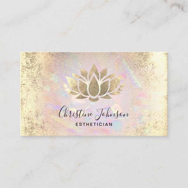 esthetician faux gold foil lotus on opal texture business card (Front)