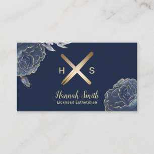 Esthetician Gold Wax Stick & Tweezer Navy Floral Business Card