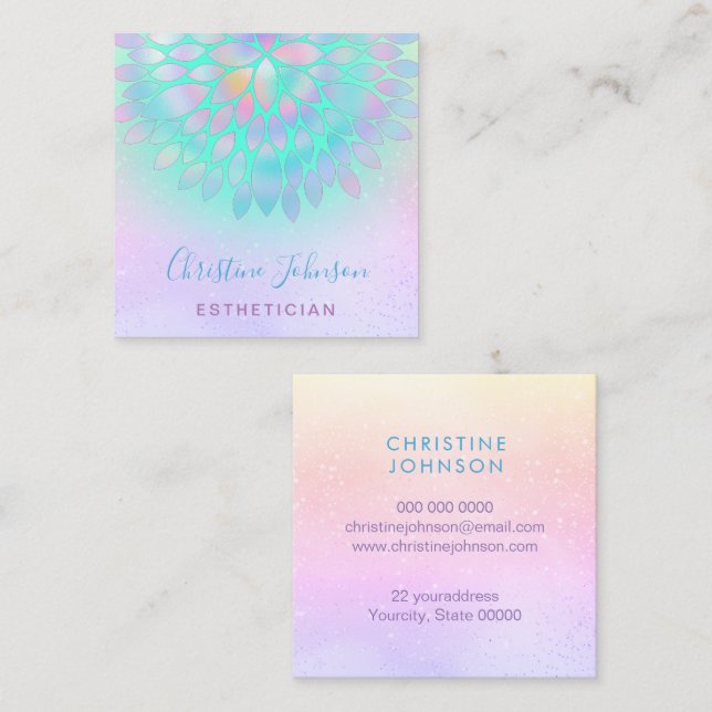 esthetician green purple pink design square business card (Front/Back)