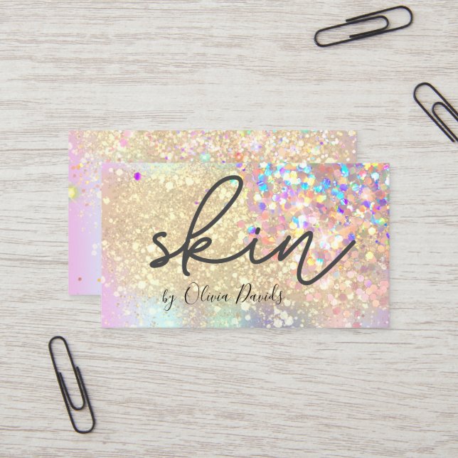 Esthetician Holo Gold Glitter Skincare Salon Business Card (Front/Back In Situ)