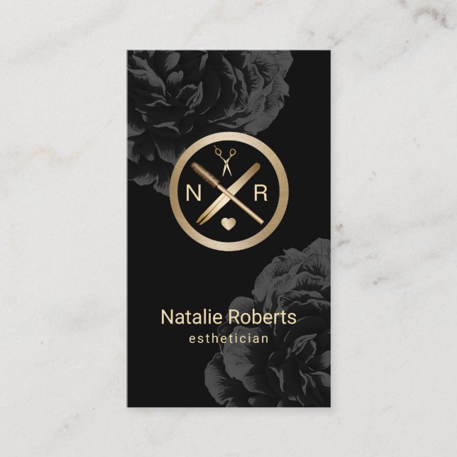 Esthetician Makeup Artist Logo Modern Black Floral Business Card (Front)
