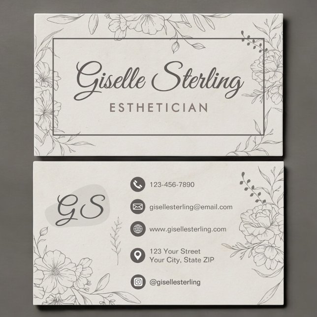 Esthetician Marble Stone Floral Line Art Script Business Card (Creator Uploaded)