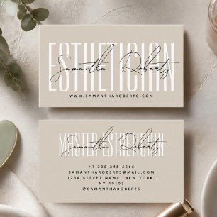 Esthetician modern typography script beige business card