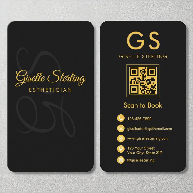 Esthetician Monogram Black Gold QR Code Beauty Business Card (Creator Uploaded)