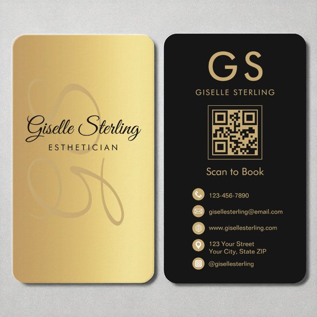 Esthetician Monogram Gold Black QR Code Business Card (Creator Uploaded)