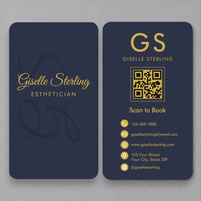 Esthetician Monogram Navy Blue Gold QR Code Business Card (Creator Uploaded)