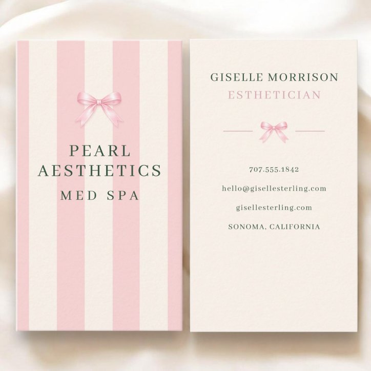 Esthetician Pink And Green Striped Preppy Bow Business Card
