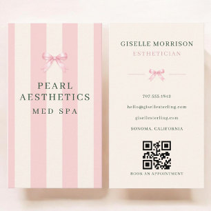 Esthetician Pink Green Striped Bow QR Code Business Card