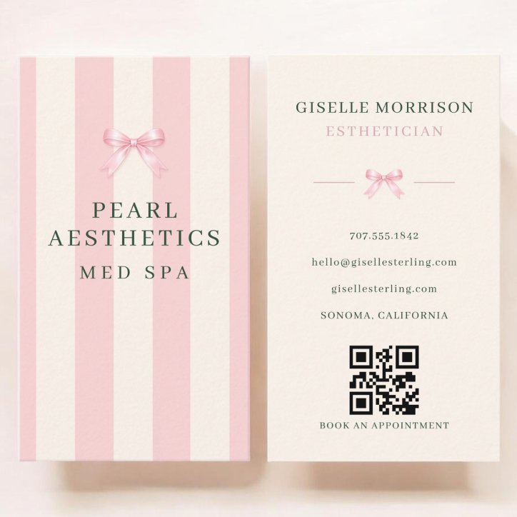 Esthetician Pink Green Striped Bow QR Code Business Card