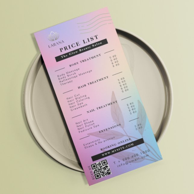 Esthetician Price List Pink Holographic Iridescent Rack Card (Esthetician Price List Pink Holographic Iridescent Rack Card)