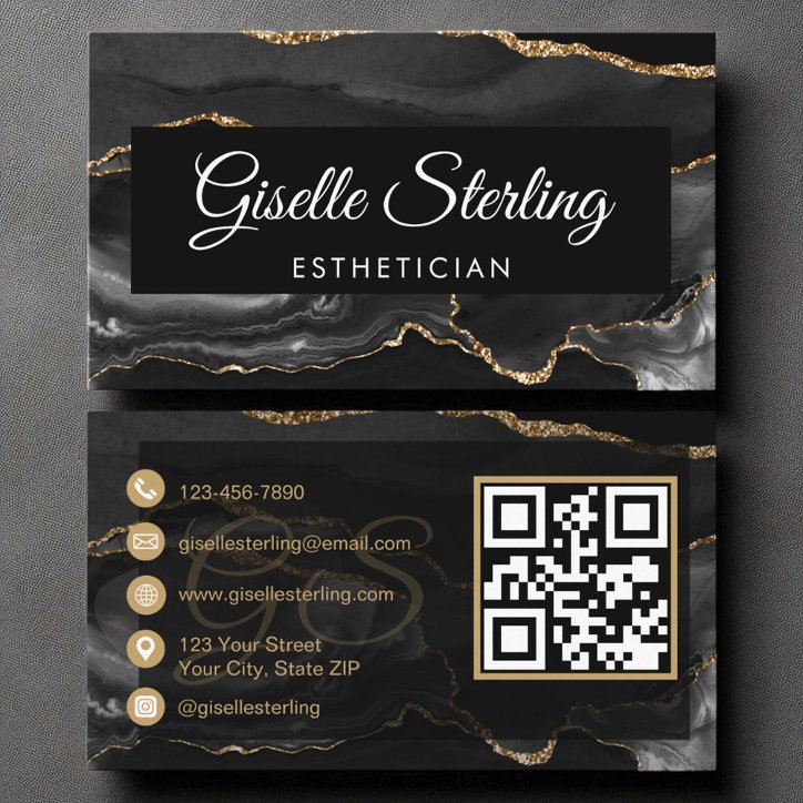 Esthetician QR Code Black Gold Agate Luxury Business Card