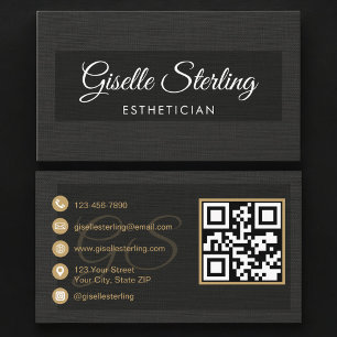 Esthetician QR Code Black Linen Luxury  Business Card