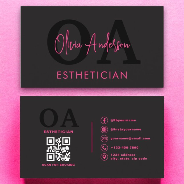 Esthetician QR Code Hot Pink Black Social Media Business Card (Creator Uploaded)