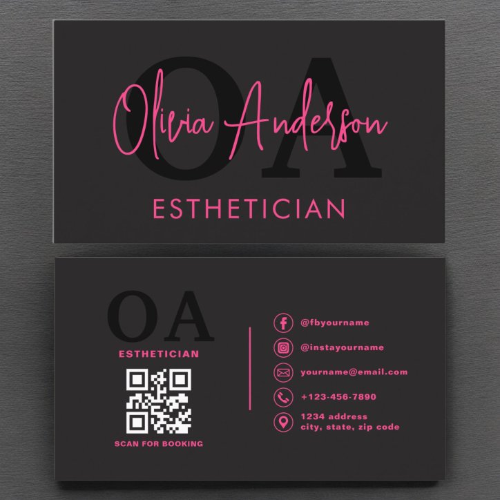 Esthetician QR Code Hot Pink Black Social Media Business Card