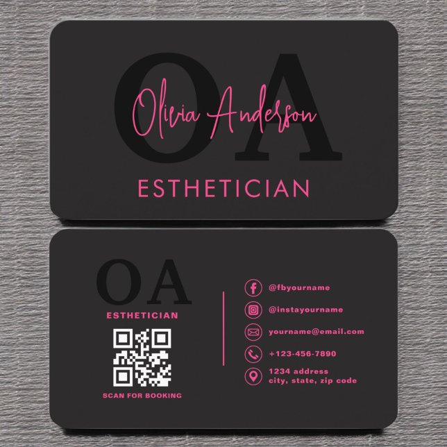 Esthetician QR Code Hot Pink Black Social Media Business Card (Creator Uploaded)