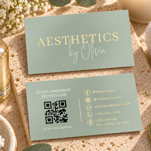 Esthetician Skin Care Sage Green QR Code Foil Spot Gloss Business Cards