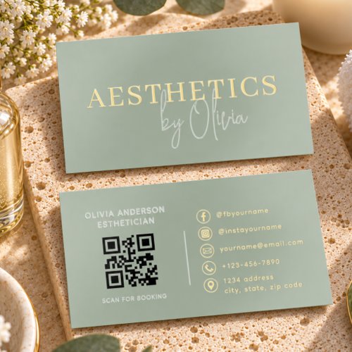 Esthetician Skin Care Sage Green QR Code Foil Spot Gloss Business Cards