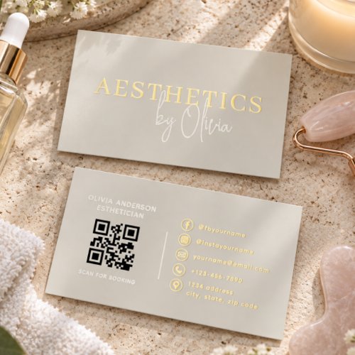 Esthetician Skin Earthy Neutral QR Code Foil Spot Gloss Business Cards