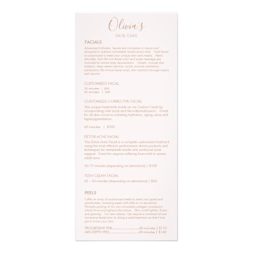 Esthetician Skincare Pink Spa Service Price Menu